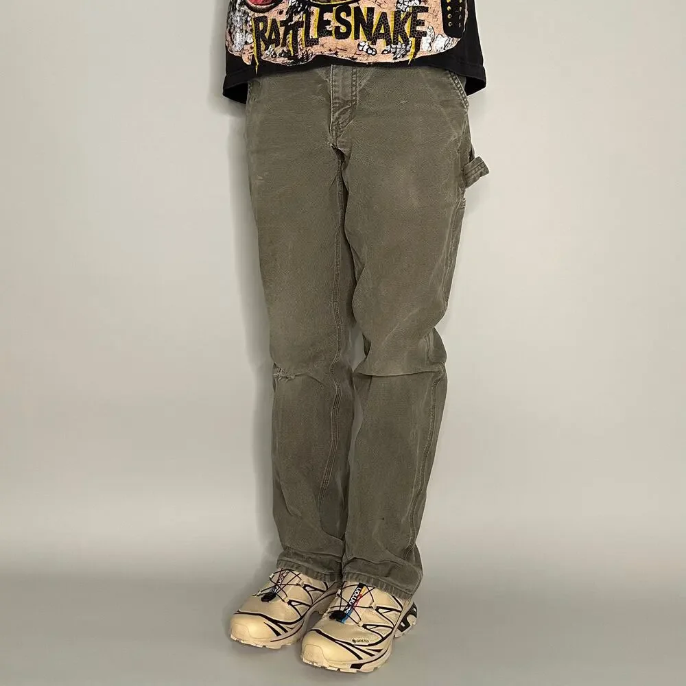 Vintage 90s Carhartt Carpenter Pants 32x34 Relaxed Fit Olive Green Canvas - Picture 2 of 5